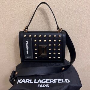NWT Women KARL LAGERFELD Simone Golden studs Genuine Leather Crossbody & top bag